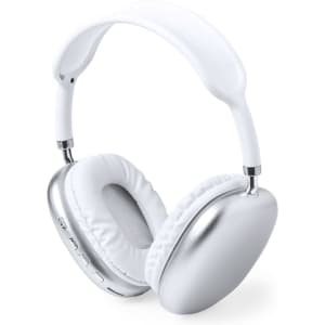A pair of white and silver headphones with cushioned ear pads, featuring a sleek design and a logo.