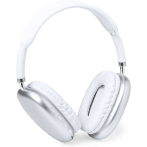 White headphones with silver accents, featuring cushioned ear pads and a sleek design. Includes a logo on the side.