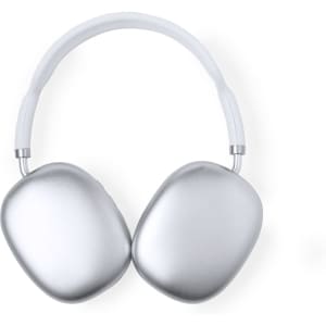 Silver headphones with a white headband and a logo, designed for comfortable listening.