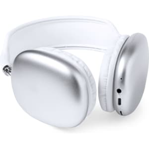 Silver headphones with white cushions and a logo on the ear cup.