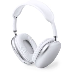 A pair of white headphones with silver accents and cushioned ear cups, featuring controls on the side.