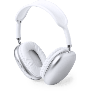 White headphones with silver accents, featuring cushioned ear pads and a sleek design. Includes a logo on the side.