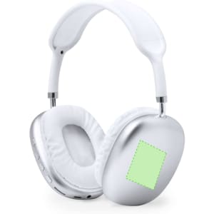 A pair of white and silver headphones featuring soft cushions and a logo on one ear cup.