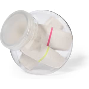 A transparent jar containing several highlighters with pink and yellow bands, showcasing a variety of pastel colours.