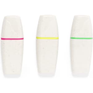 A highlighter set featuring three eco-friendly highlighters in white with pink, yellow, and green bands.