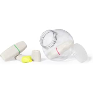 A set of highlighters in a clear jar, featuring yellow, pink, and green colours, with a white lid.