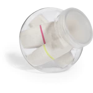 A clear bottle containing highlighters in white, with pink and yellow bands around them. The bottle has a lid.