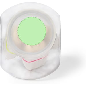 A highlighter set in a clear container featuring pink, yellow, and green highlighters with a logo.