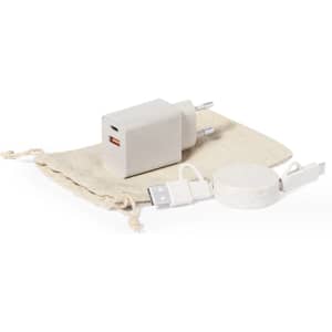 A grey charger with USB ports, a round charging pad, and a USB cable, all in a beige drawstring pouch.