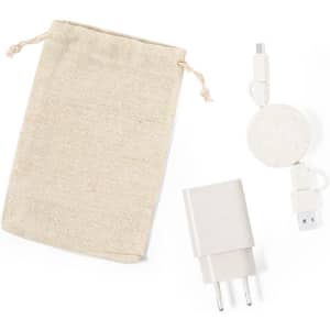 A cream drawstring bag with a white charging plug, a white retractable charging cable, and a USB connector.