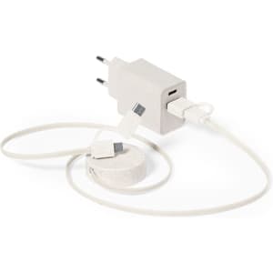 A charging set in light grey, including a wall charger and a retractable charging cable with connectors.