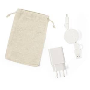 A white charging adapter, a circular charger, and a natural fabric pouch. The set is for phone and technology charging.