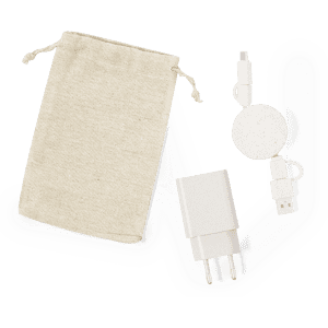 A charging set including a white USB charger, a circular wireless charger, and a beige fabric pouch.