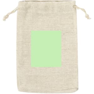 A natural fabric bag with a drawstring closure, featuring a plain green square in the centre.
