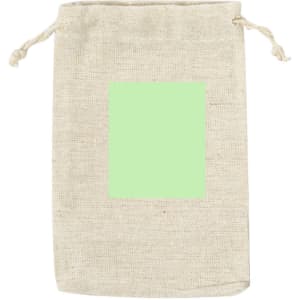 A natural fabric pouch with drawstring closure, featuring a plain green square area on the front.