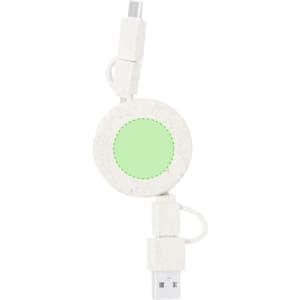 A retractable charging cable set in white, featuring a circular design with a logo and green accent.