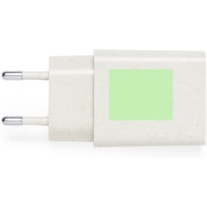 A phone charger in a light cream colour with a two-pronged plug and a blank green section.