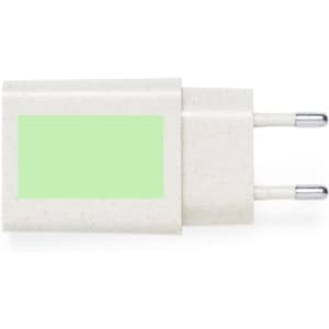 A white charging adaptor with a green accent and two pins, featuring a logo. Ideal for powering devices.