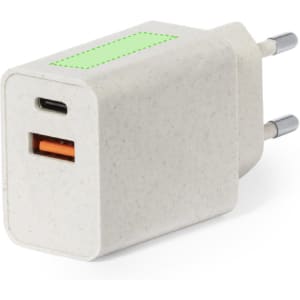 A white dual-port charger with a USB-C and USB-A port. The design features a textured finish and a branding logo.