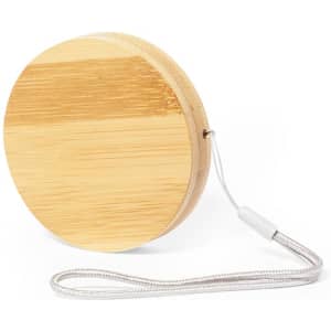 A round bamboo yo-yo with a silver string attached for play. The natural wood finish showcases its eco-friendly design.