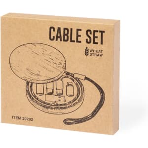 A cable set packaged in a circular, eco-friendly box with a wheat straw design, featuring various charging cables inside.