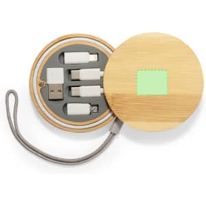 A bamboo charging cable set in a round case, featuring multiple cables in white and a grey interior.