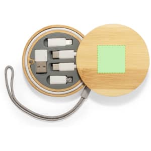 A round bamboo charging cable set featuring multiple connectors and a silver braided strap. Includes a USB port.