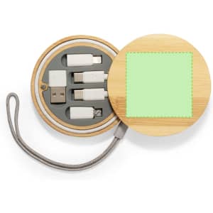 A round bamboo charging cable set containing various connectors, neatly arranged in a circular case with a silver strap.