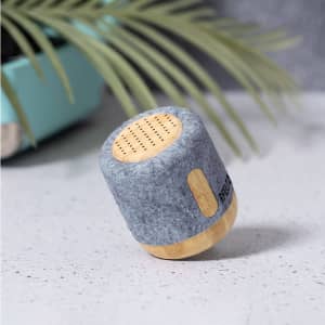 A grey felt speaker with a wooden base, featuring a logo. A small plant is visible in the background.