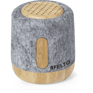 A grey felt speaker with a wooden base and top, featuring a logo on the side.