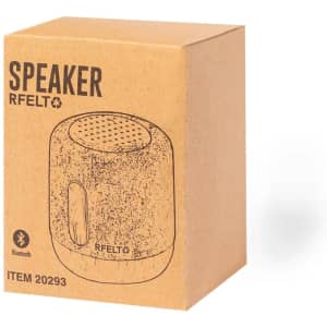 A brown cardboard box containing a compact Bluetooth speaker illustration, featuring a simple, rounded design and a logo.