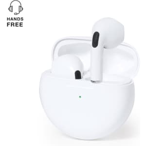 White wireless earphones nestled in a charging case, featuring a small logo on the case lid.