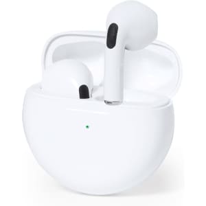 White Shima Earphones resting in their case, featuring a black accent on the ear tips and a small indicator light.