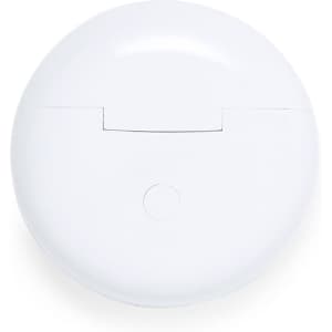 A round white case for earphones, featuring a simple design and a circular button on the front.