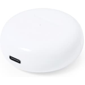 A white earphone case with a round shape and a charging port on one side. It features a logo on the surface.