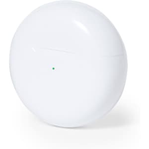 A white case for earphones with a small green light, featuring a smooth, rounded design.