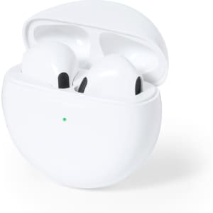 White wireless earphones in a charging case, featuring a logo and an indicator light.