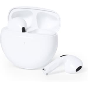 White Shima Earphones displayed in a charging case, with one earphone sitting beside it.