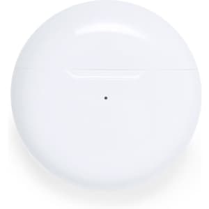 A white round case for Shima Earphones, featuring a small LED dot and a minimalist design.