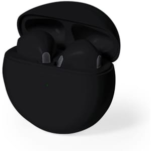 A pair of black Shima Earphones in a charging case, featuring a smooth exterior and a subtle logo.