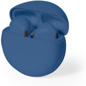 Blue Shima earphones in a matching charging case, featuring a small logo on the case.