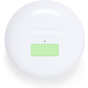 A round white charging case for earphones with a small indicator light and a logo.