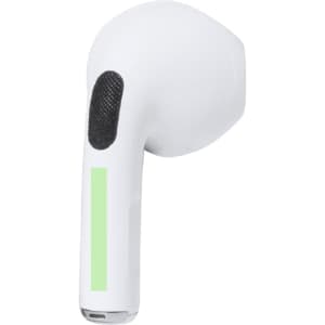 A white earphone with a green accent and a textured grip on the side. Features a logo on the surface.