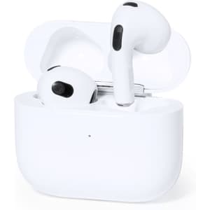 White Dodiax earphones in a charging case, featuring a sleek design and a logo on the case.