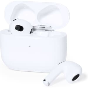 White Dodiax earphones in a charging case, with one earphone outside and a small logo on the case.