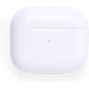 A white earphone case with a rounded design, featuring a small button on the front and a smooth surface.