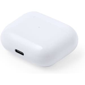 A compact white earphone case with a USB-C port at the bottom. It has a smooth, rounded design.