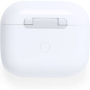 A white earphone case with a circular button and a metallic hinge, featuring a smooth finish.