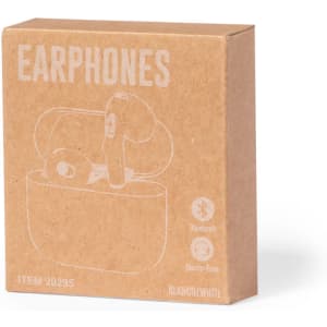 A kraft box containing white Bluetooth earphones with a charging case, featuring a logo.