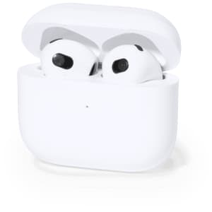 A pair of white earbuds in a compact charging case, featuring a simple design and a logo on the case.